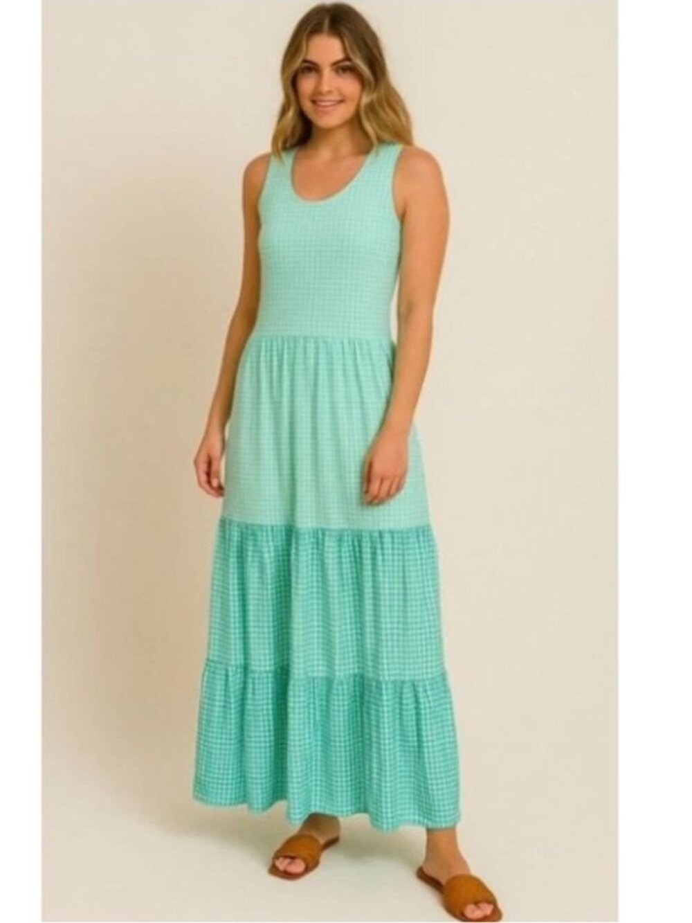 LANDS’ END green gingham check tiered maxi tank dress size XL/18